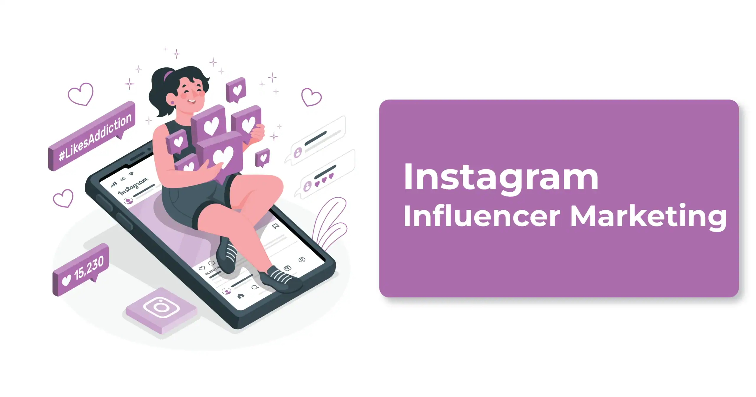 एक Young Instagram influencer जो हाथ में phone पकड़े हुए है, उसके चारों तरफ likes, comments और पैसे के icons हैं, जो Instagram marketing से पैसे कमाने के तरीकों को दिखा रहे हैं।
