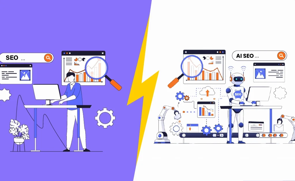 SEO और AI SEO के बीच Difference को समझाकर बेहतर Google ai overview ranking और Organic Leads बढ़ाने की जानकारी।