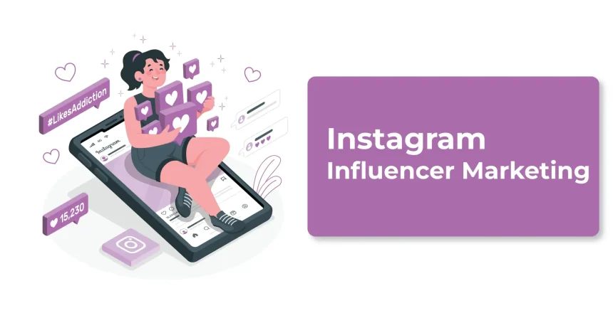 एक Young Instagram influencer जो हाथ में phone पकड़े हुए है, उसके चारों तरफ likes, comments और पैसे के icons हैं, जो Instagram marketing से पैसे कमाने के तरीकों को दिखा रहे हैं।